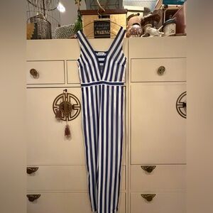Bebe Navy and White V-Neck Jumpsuit